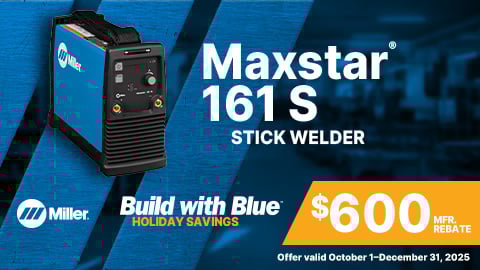 “Miller Maxstar 161 S Stick Welder 907709 – dual-voltage 120/240 V DC inverter with $600 Build With Blue rebate”